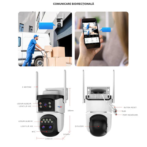 Camera Supraveghere 4G, 9MP, 3 Lentile, Zoom 10x, Rezistenta la apa, Acoperire vizuala  360°