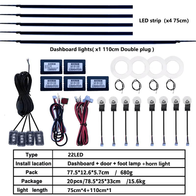Kit Lumini Ambientale RGB 12V pentru Interior Auto, 22 in 1, Acrilic, 64 Culori, Iluminare Bord, Usi, Manere, Boxe, Buzunare si Podea, Control prin Aplicatie Bluetooth