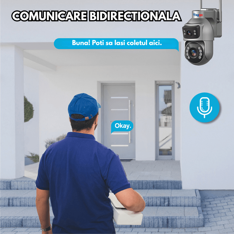 Camera Supraveghere cu Panou Solar Dublu TAGGO pentru exterior, conexiune 4G 4K, Inregistrare Continua AOV, Zoom Optic 36x