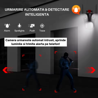 Camera de supraveghere Zoom 10X, WIFI 8K, 16MP, 4 lentile, Control din aplicatie, Comunicare bidirectionala, Urmarire automata, Card 128GB