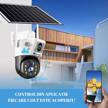 Camera Supraveghere 4G 4K Ultra HD, Dual Camera 8MP, Incarcare Solara, Rotire Din Aplicatie, Rezistenta La Apa IP 66