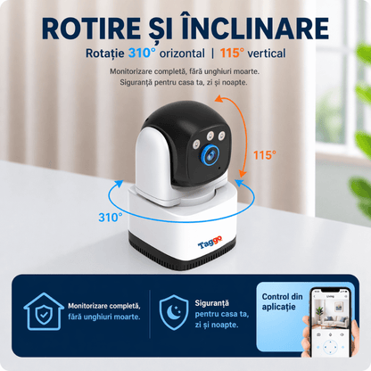 Camera supraveghere interior Taggo cu conexiune WiFi, rezoluție 4MP, detectare persoane și vedere nocturnă.