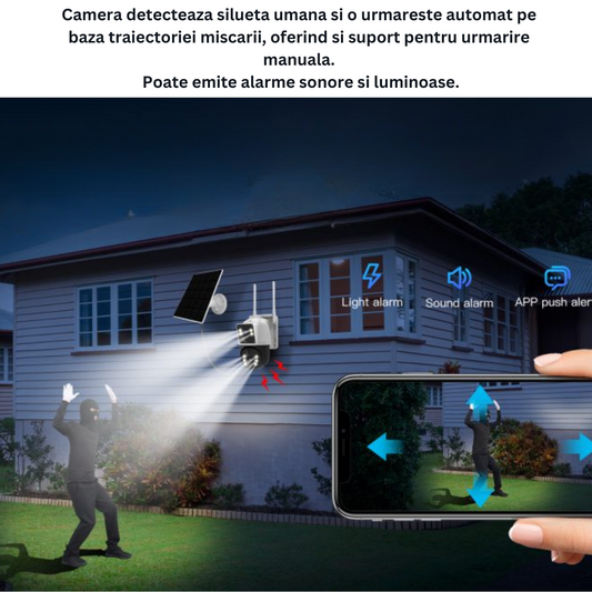 Camera de supraveghere cu incarcare solara, 4G, cu  Lentila Dubla, Baterie 10.000mAh, Consum redus de energie, Rezistanta la apa IP65
