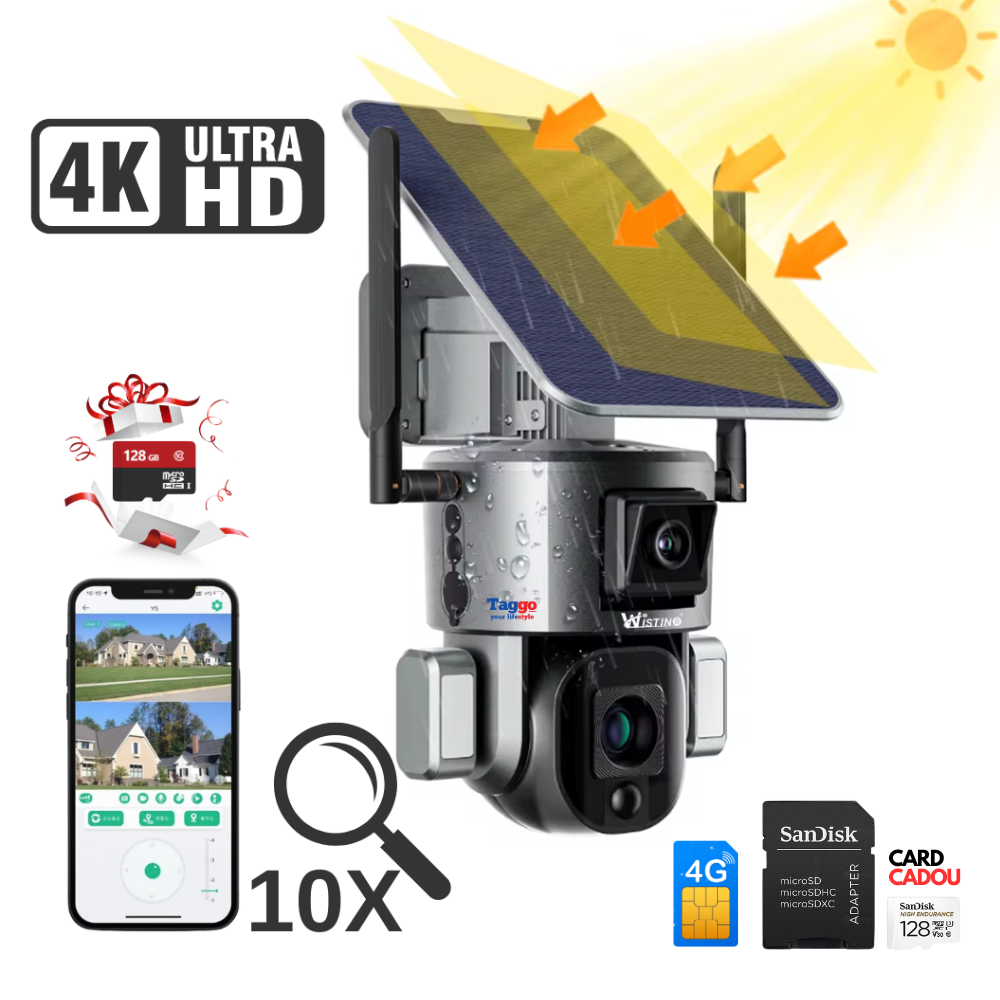 Camera Supraveghere 4G 4K Ultra HD, Dual Camera 4MP+4MP, 10X Optical ZOOM, Incarcare Solara, Rotire Din Aplicatie, Rezistenta La Apa IP 66, Card Memorie 128 GB