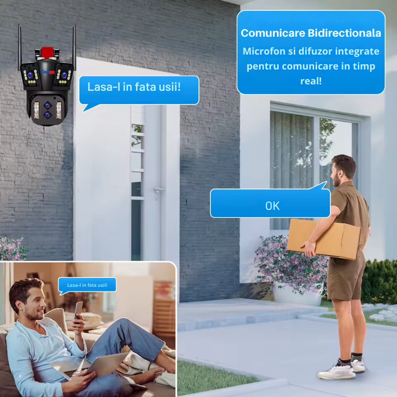 Camera de supraveghere Zoom 10X, WIFI 8K, 16MP, 4 lentile, Control din aplicatie, Comunicare bidirectionala, Urmarire automata, Card 128GB