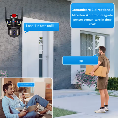 Camera de supraveghere Zoom 10X, WIFI 8K, 16MP, 4 lentile, Control din aplicatie, Comunicare bidirectionala, Urmarire automata, Card 128GB