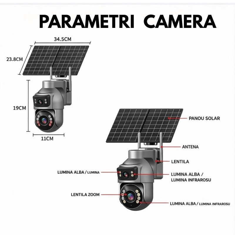 Camera Supraveghere cu Panou Solar Dublu TAGGO pentru exterior, conexiune 4G 4K, Inregistrare Continua AOV, Zoom Optic 36x