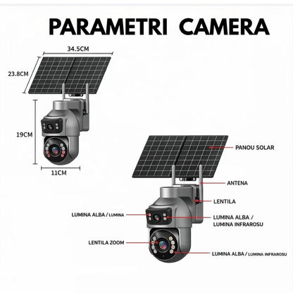 Camera Supraveghere cu Panou Solar Dublu TAGGO pentru exterior, conexiune 4G 4K, Inregistrare Continua AOV, Zoom Optic 36x