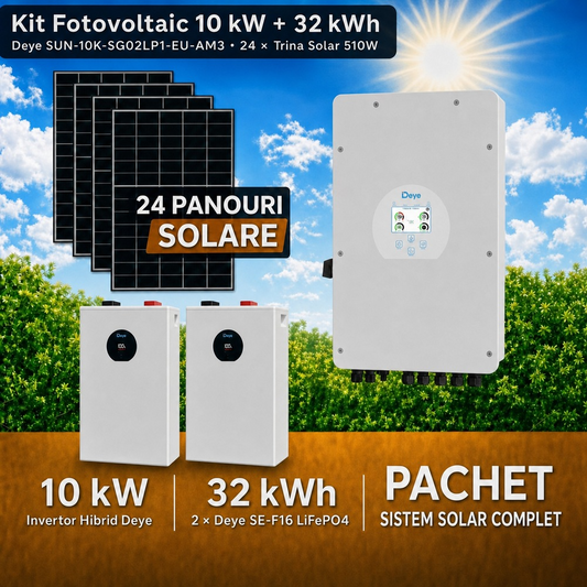 Sistem Fotovoltaic Complet 10 kW cu 24 Panouri Trina Solar 510W + Invertor Hibrid Deye 10 kW Monofazat LV + Stocare LiFePO4 32 kWh