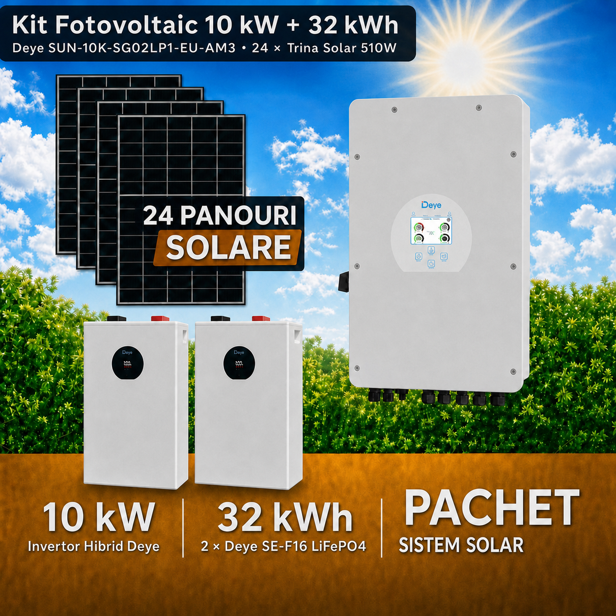 Sistem Fotovoltaic 10 kW cu 24 Panouri Trina Solar 510W + Invertor Hibrid Deye 10 kW Monofazat LV + Stocare LiFePO4 32 kWh