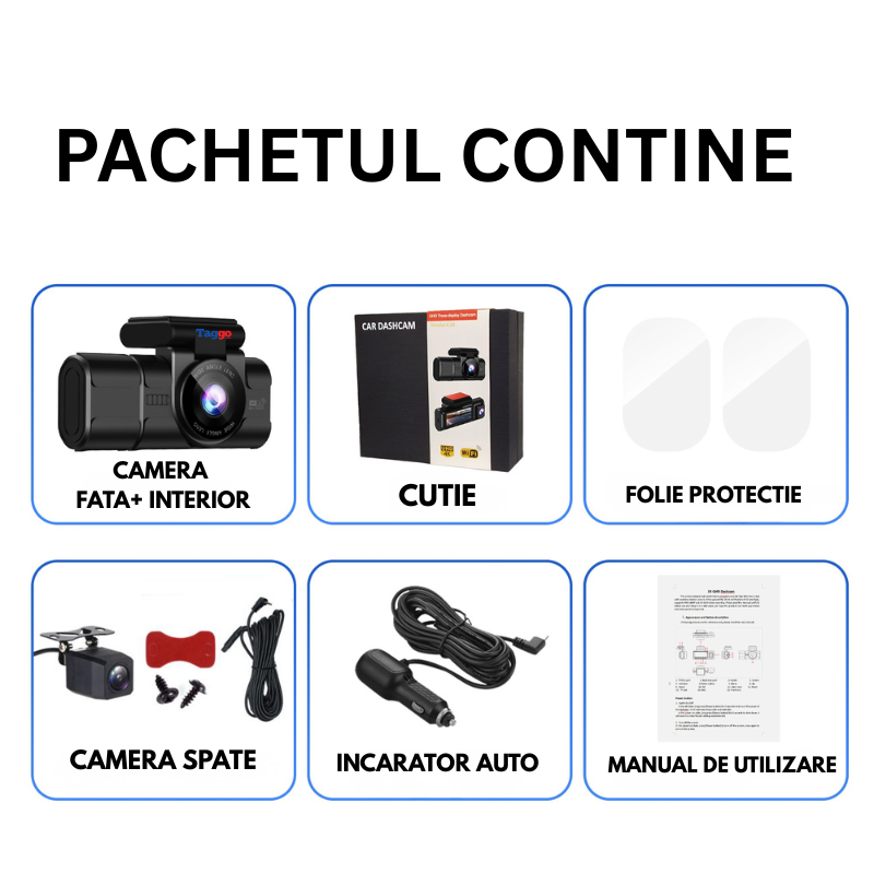 Camera auto Tripla TAGGO WIFI Fata 4K + Interior 1080p + Spate 1080p, Monitorizare Parcare 24h