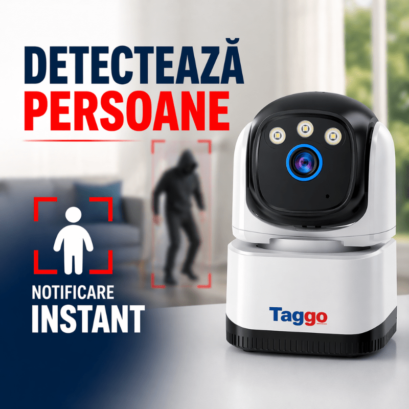 Camera de supraveghere interior Taggo cu WiFi, rezoluție 4MP, detectare persoane și vedere nocturnă.