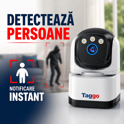 Camera de supraveghere interior Taggo cu WiFi, rezoluție 4MP, detectare persoane și vedere nocturnă.
