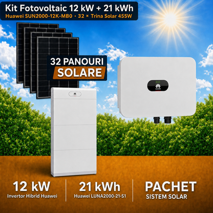 Sistem Fotovoltaic 12 kW cu 32 Panouri Trina Solar 455W + Invertor Hibrid Huawei 12 kW Trifazat + Stocare LiFePO4 21 kWh