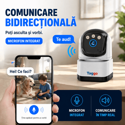 Camera supraveghere interior Taggo, rezoluție 4MP, conectivitate Wi-Fi, detectare persoane și vedere nocturnă.