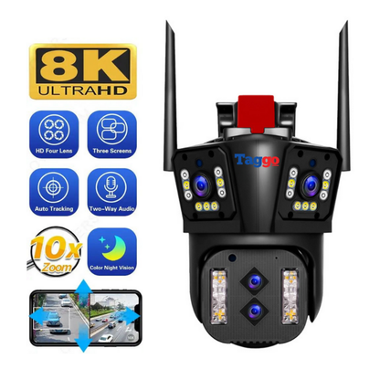 Camera de supraveghere Zoom 10X, WIFI 8K, 16MP, 4 lentile, Control din aplicatie, Comunicare bidirectionala, Urmarire automata, Card 128GB