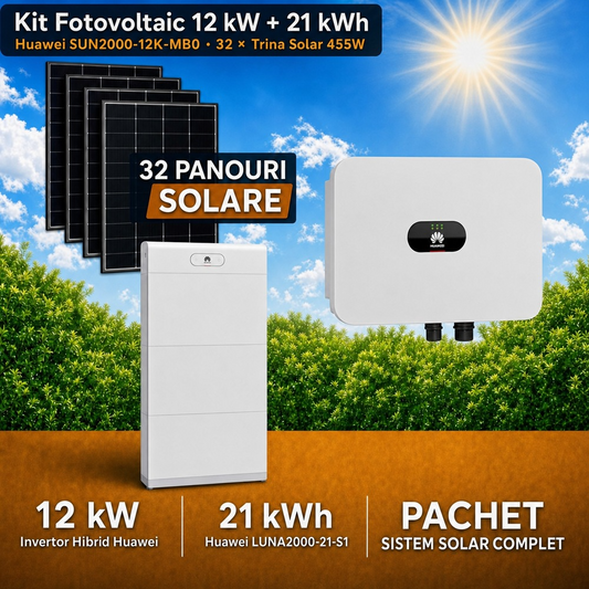 Sistem Fotovoltaic Complet 12 kW cu 32 Panouri Trina Solar 455W + Invertor Hibrid Huawei 12 kW Trifazat + Stocare LiFePO4 21 kWh