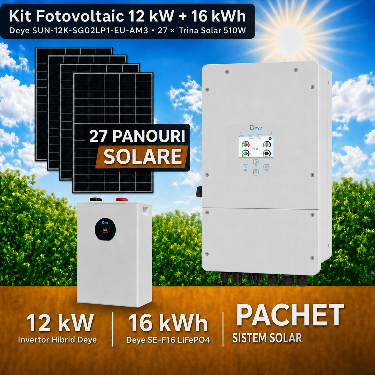 Sistem Fotovoltaic 12 kW cu 27 Panouri Trina Solar 510W + Invertor Hibrid Deye 12 kW Monofazat LV + Stocare LiFePO4 16 kWh