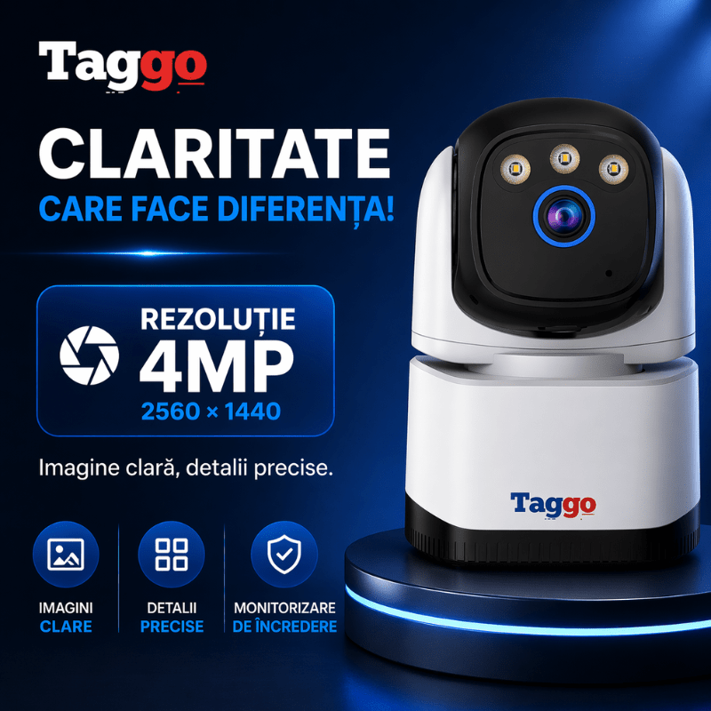 Camera supraveghere interior Taggo cu conexiune Wi-Fi, rezoluție 4MP, detectare persoane și vedere pe timp de noapte.
