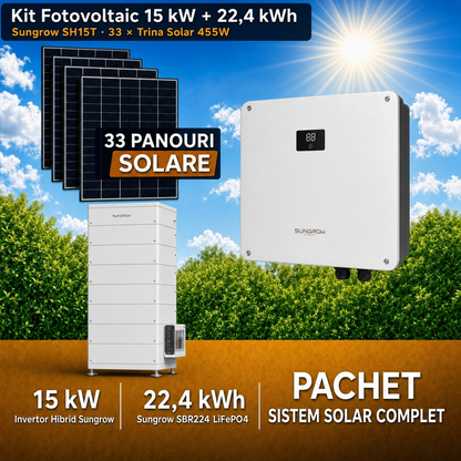 Sistem Fotovoltaic Complet 15 kW cu 33 Panouri Trina Solar 455W + Invertor Hibrid Sungrow 15 kW Trifazat + Stocare LiFePO4 22.4 kWh