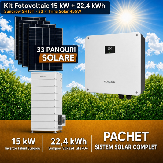 Sistem Fotovoltaic Complet 15 kW cu 33 Panouri Trina Solar 455W + Invertor Hibrid Sungrow 15 kW Trifazat + Stocare LiFePO4 22.4 kWh