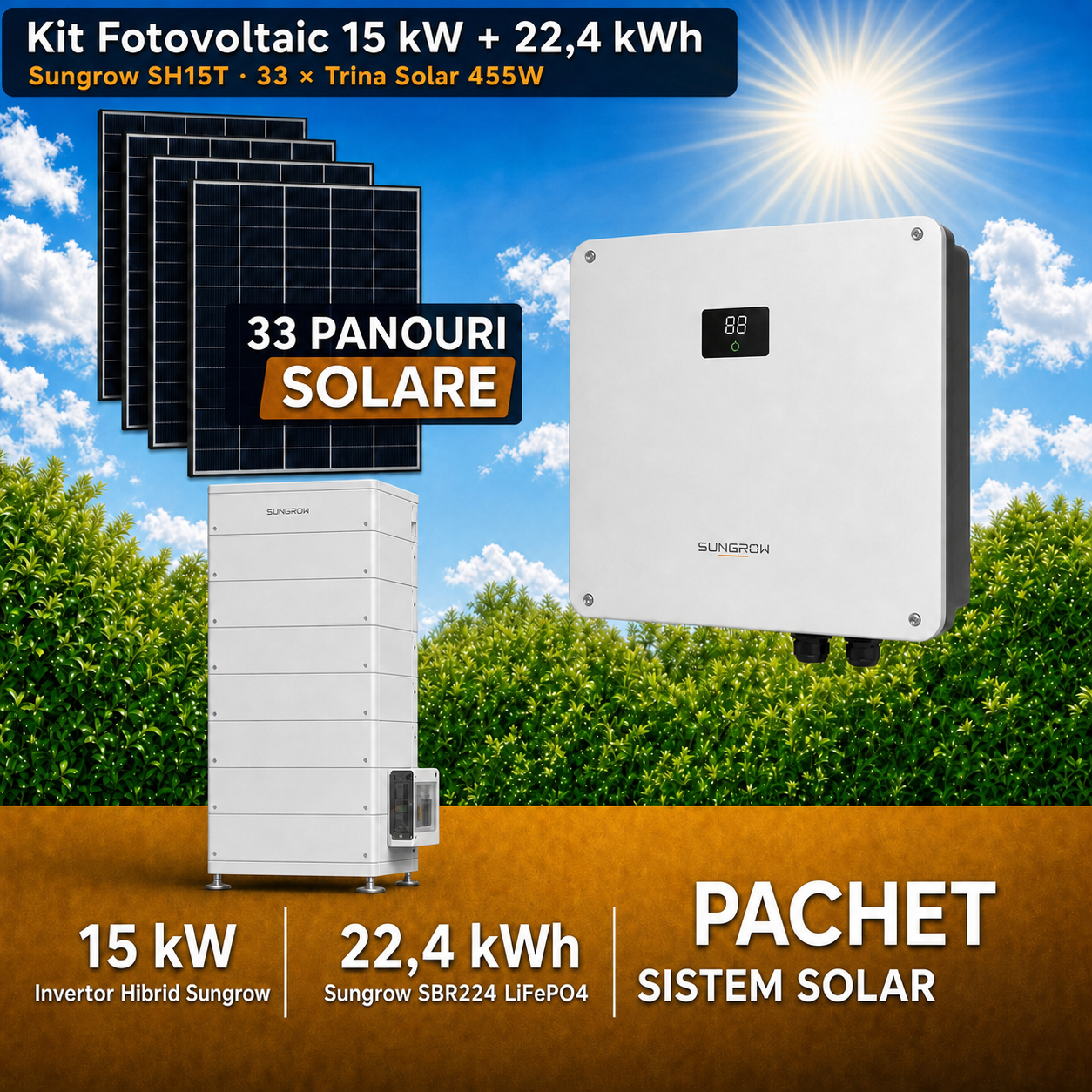 Sistem Fotovoltaic 15 kW cu 33 Panouri Trina Solar 455W + Invertor Hibrid Sungrow 15 kW Trifazat + Stocare LiFePO4 22.4 kWh