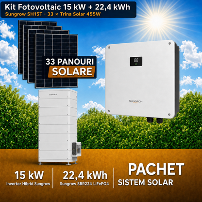 Sistem Fotovoltaic 15 kW cu 33 Panouri Trina Solar 455W + Invertor Hibrid Sungrow 15 kW Trifazat + Stocare LiFePO4 22.4 kWh