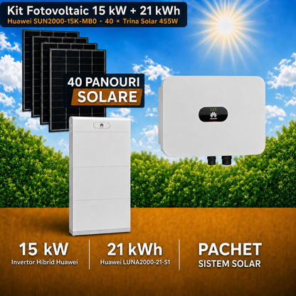 Sistem Fotovoltaic 15 kW cu 40 Panouri Trina Solar 455W + Invertor Hibrid Huawei 15 kW Trifazat + Stocare LiFePO4 21 kWh