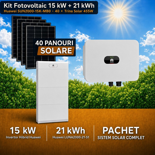 Sistem Fotovoltaic Complet 15 kW cu 40 Panouri Trina Solar 455W + Invertor Hibrid Huawei 15 kW Trifazat + Stocare LiFePO4 21 kWh
