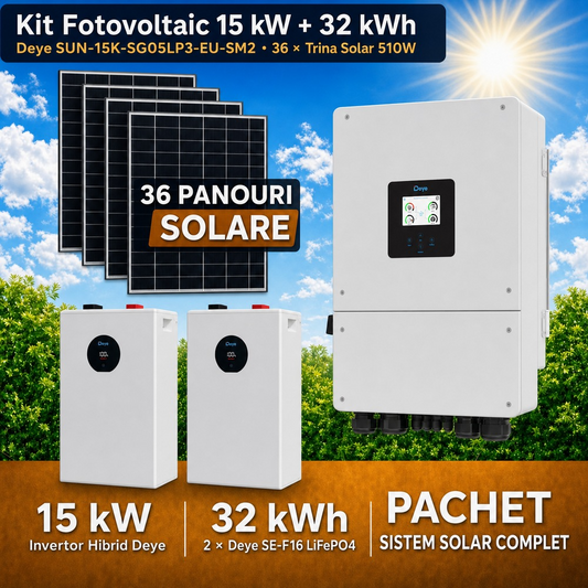 Sistem Fotovoltaic Complet 15 kW cu 36 Panouri Trina Solar 510W + Invertor Hibrid Deye 15 kW Trifazat LV + Stocare LiFePO4 32 kWh