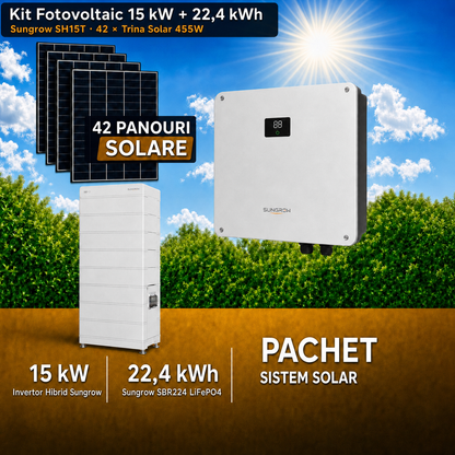 Sistem Fotovoltaic 15 kW cu 42 Panouri Trina Solar 455W + Invertor Hibrid Sungrow 15 kW Trifazat + Stocare LiFePO4 22.4 kWh
