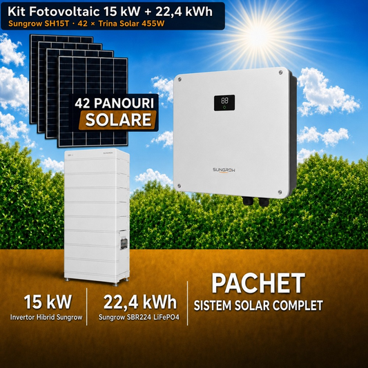 Sistem Fotovoltaic Complet 15 kW cu 42 Panouri Trina Solar 455W + Invertor Hibrid Sungrow 15 kW Trifazat + Stocare LiFePO4 22.4 kWh