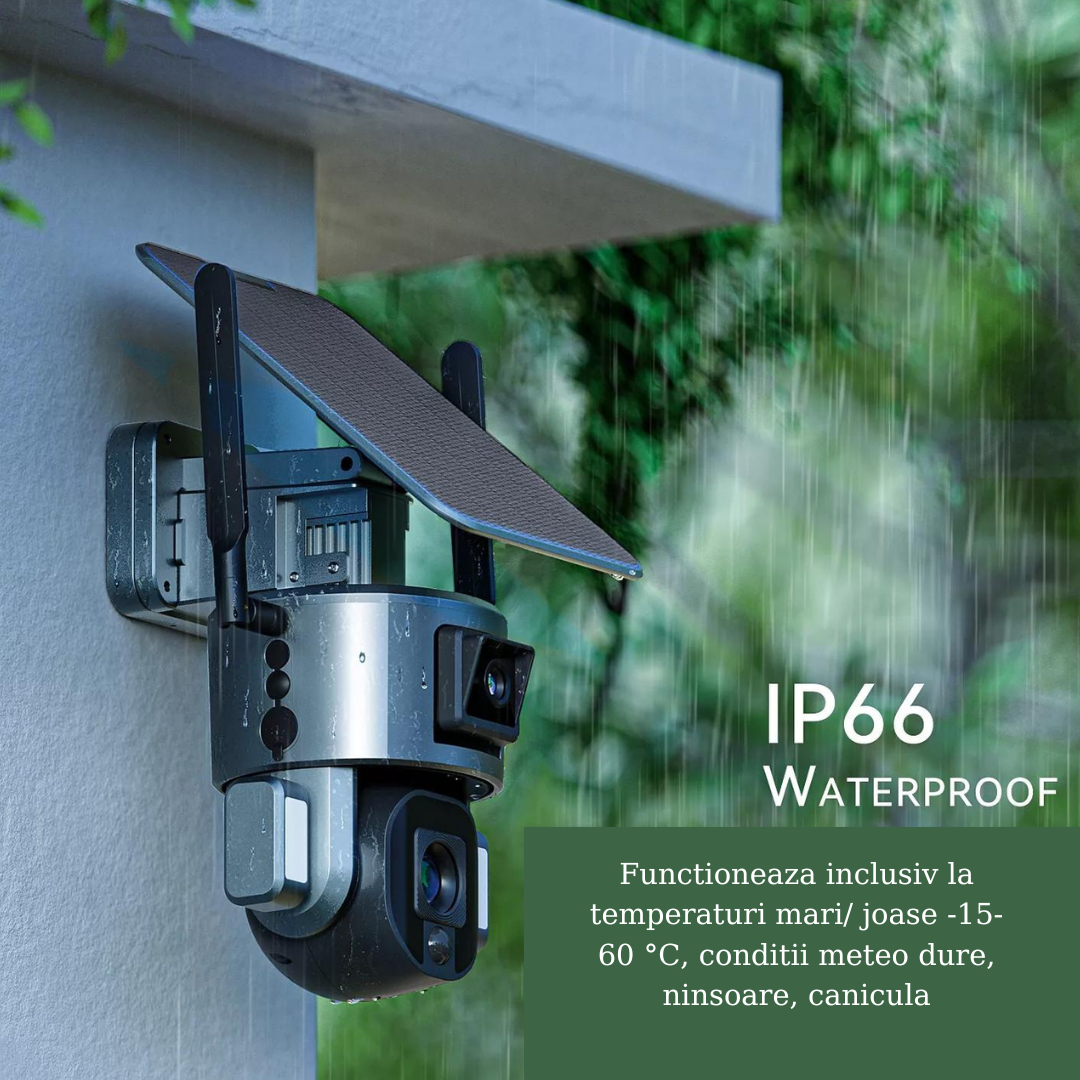 Camera Video Supraveghere Wireless 4K Ultra HD, Dual Camera 4MP+4MP, 4X Optical ZOOM, Incarcare Solara, Rotire Din Aplicatie, Rezistenta La Apa IP 66