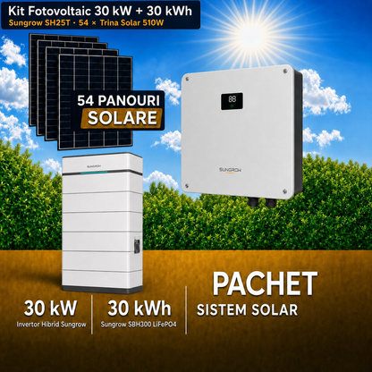 Sistem Fotovoltaic 30 kW cu 54 Panouri Trina Solar 510W + Invertor Hibrid Sungrow 25 kW Trifazat + Stocare LiFePO4 30 kWh
