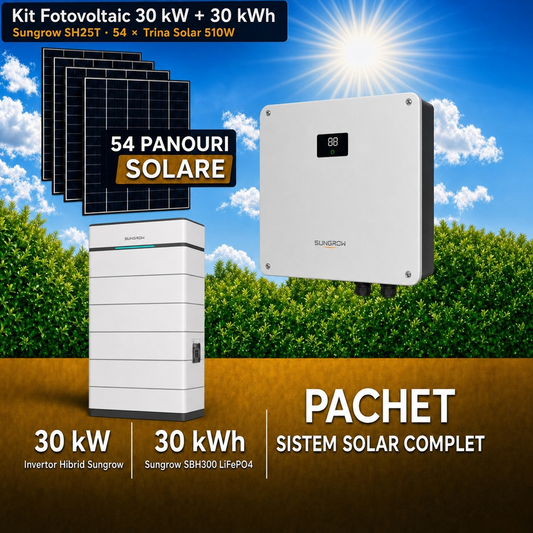 Sistem Fotovoltaic Complet 30 kW cu 54 Panouri Trina Solar 510W + Invertor Hibrid Sungrow 25 kW Trifazat + Stocare LiFePO4 30 kWh