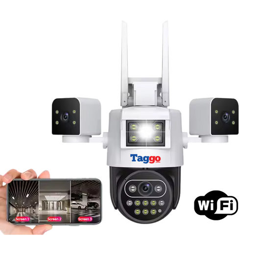 Camera de Supraveghere Taggo, Conexiune WIFI, 6MP, ZOOM 10X, 3 lentile, Control din aplicatie, Rezistenta la apa