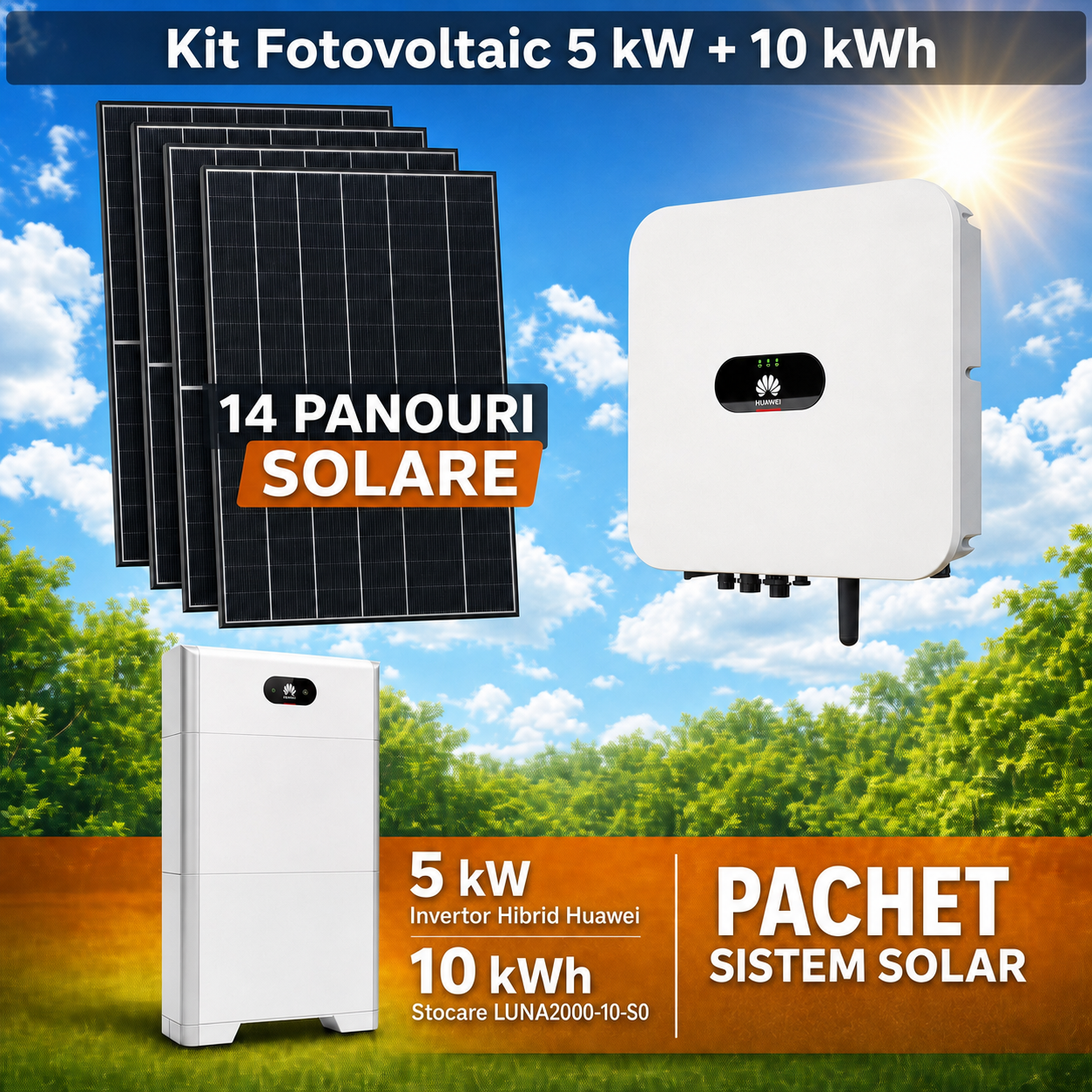Sistem Fotovoltaic 5 kW cu 14 Panouri Trina Solar 455W + Invertor Hibrid Huawei 5 kW Monofazat + Stocare LiFePO4 10 kWh