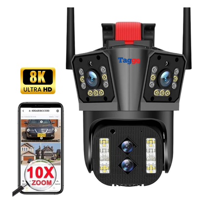 Camera de supraveghere Zoom 10X, WIFI 8K, 16MP, 4 lentile, Control din aplicatie, Comunicare bidirectionala, Urmarire automata, Card 128GB