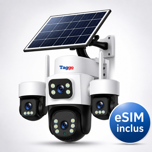 Camera de Supraveghere Taggo Pro Q50 cu 4 Lentile, 16MP, Panou Solar 10W, Conexiune 4G si eSIM, Control Aplicatie, Viziune Color si IR