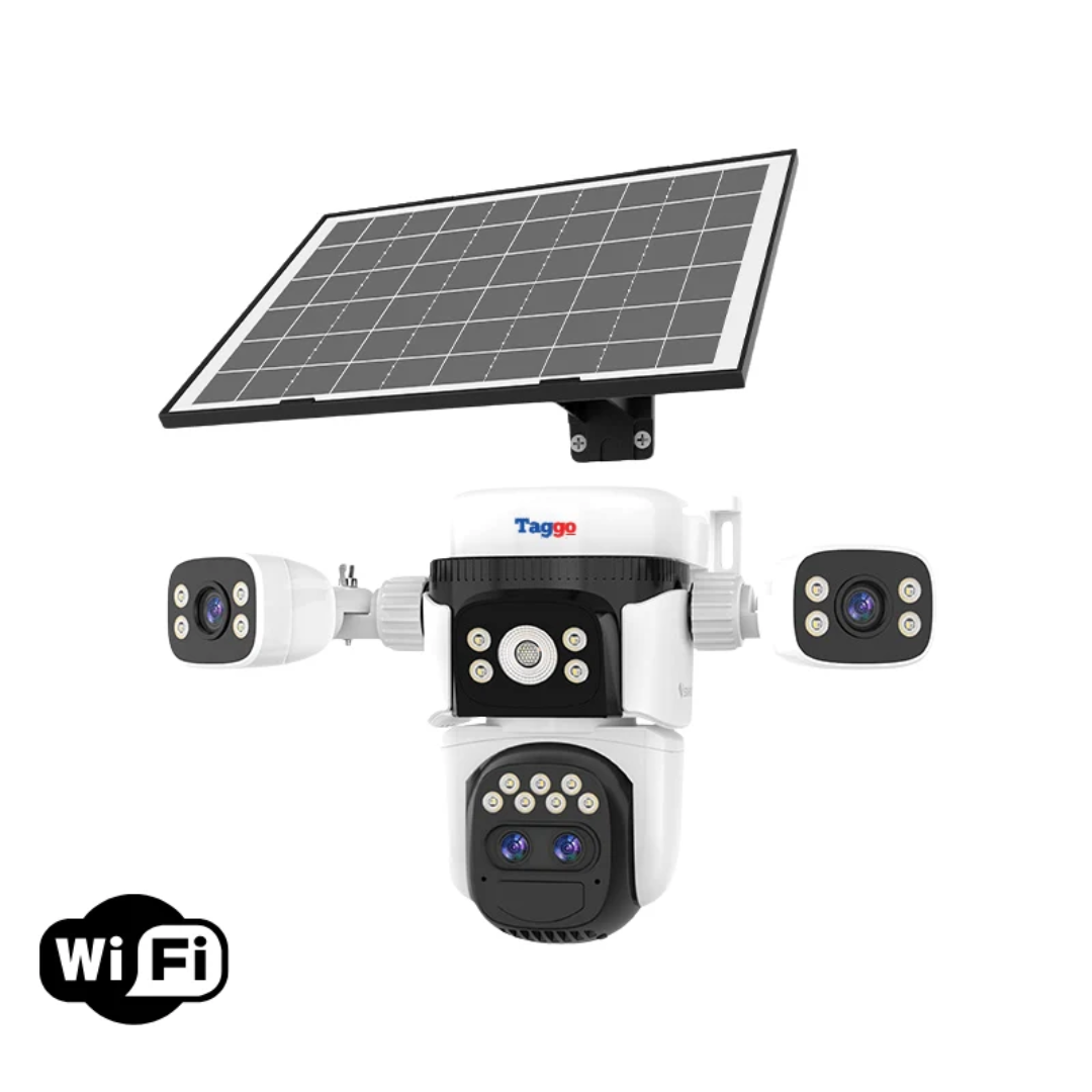 Camera de supraveghere WIFI 12MP Crocodil AOV cu panou solar, 4 lentile, zoom optic 10x, comunicare bidirectionala, senzor detectie PIR, viziune nocturna, rezistenta la apa, Alb
