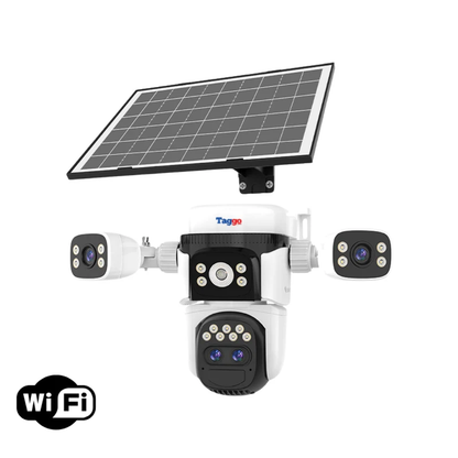 Camera de supraveghere WIFI 12MP Crocodil AOV cu panou solar, 4 lentile, zoom optic 10x, comunicare bidirectionala, senzor detectie PIR, viziune nocturna, rezistenta la apa, Alb