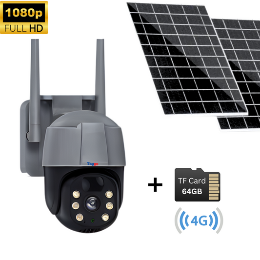 Camera de Supraveghere Solara 4G Cartela SIM 5 MP, Zoom 10X, Full HD 1080p, Panou Solar Dublu 20W, Rezistenta La Apa IP 66, Gri, Card 64GB
