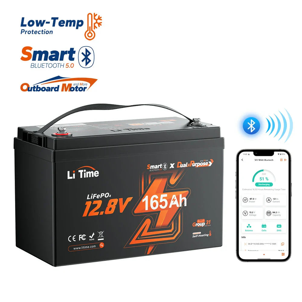 Baterie solara Litiu LiTime 12V 165Ah Dual Purpose Marine – putere 1200 CCA, Bluetooth si Incalzire Automata
