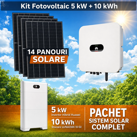 Sistem Fotovoltaic Complet 5 kW cu 14 Panouri Trina Solar 455W + Invertor Hibrid Huawei 5 kW Monofazat + Stocare LiFePO4 10 kWh