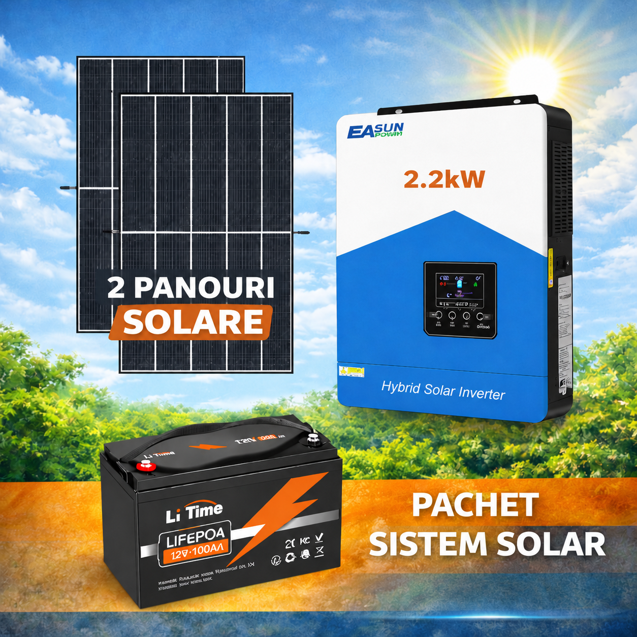 Kit solar off-grid 2.2kW invertor hibrid 12V MPPT 80A, 2 panouri 455W, baterie 100Ah LiFePO4