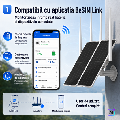 Extender WiFi Solar pentru Exterior, Raza de Acoperire 300 Metri, Panou Solar Dublu 30W, Acumulator 30000mAh, Dual Band 2.4GHz si 5GHz, pentru Camere de Supraveghere IP