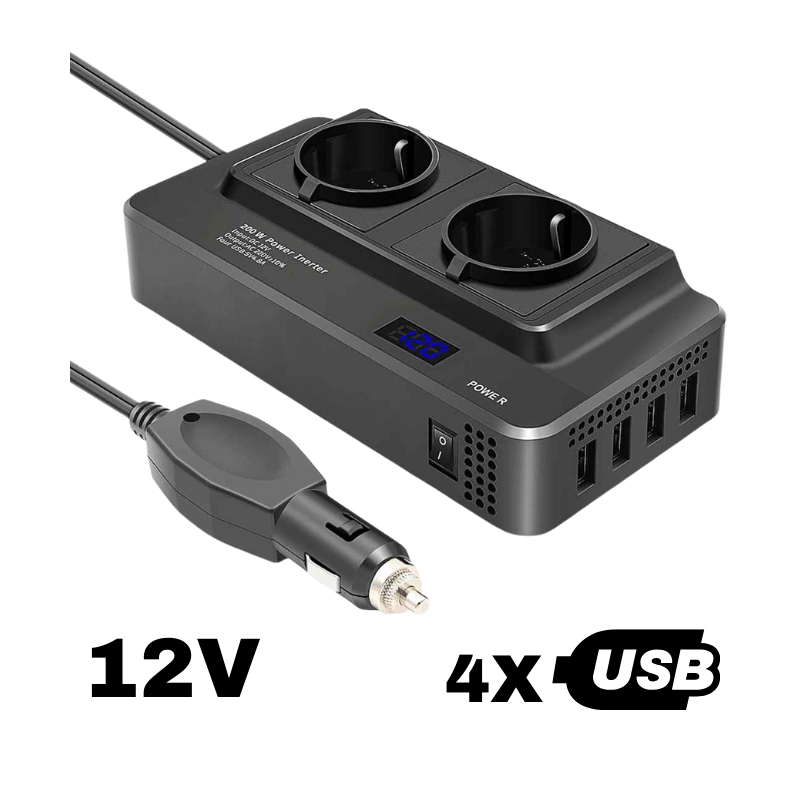 Invertor alimentat 12V, Priza EU Dubla 230V, Putere 400W, 4 x Porturi USB, 5.4A, Suport PD, Afisaj Digital