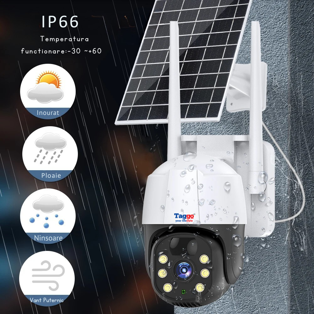 Camera de Supraveghere Solara Exterior 4G Cartela SIM 5 MP, Zoom 10X, Full HD, Panou Solar 10W Rezistenta La Apa IP 66 + Card 64GB