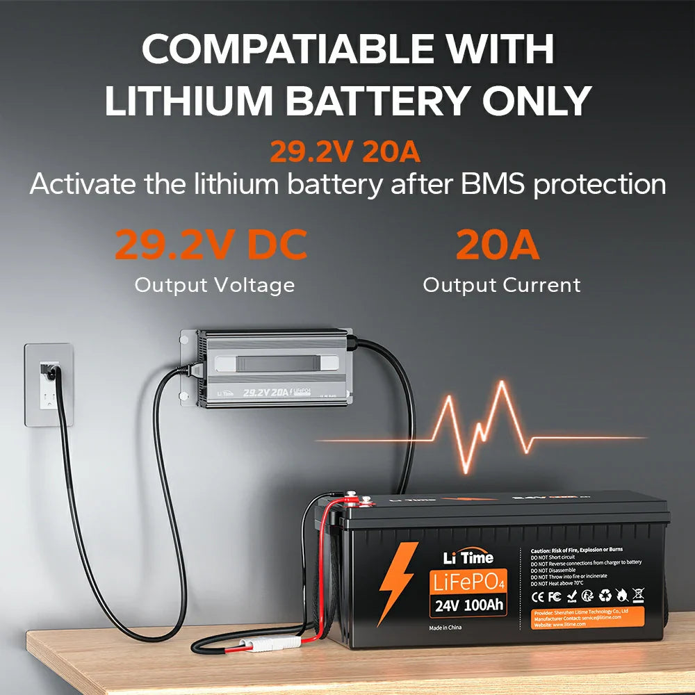 Redresor Incarcator LiTime 24V (29.2V) 20A pentru Baterii Litiu LiFePO4 – Montabil, cu maner