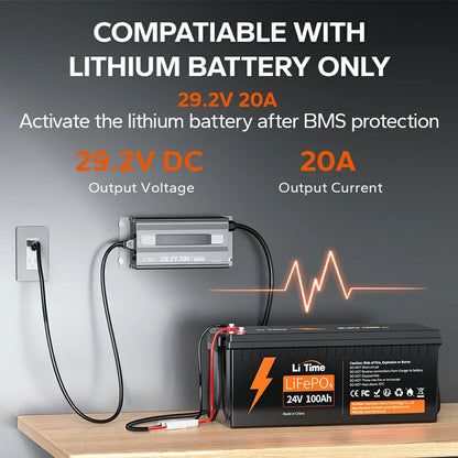 Redresor Incarcator LiTime 24V (29.2V) 20A pentru Baterii Litiu LiFePO4 – Montabil, cu maner